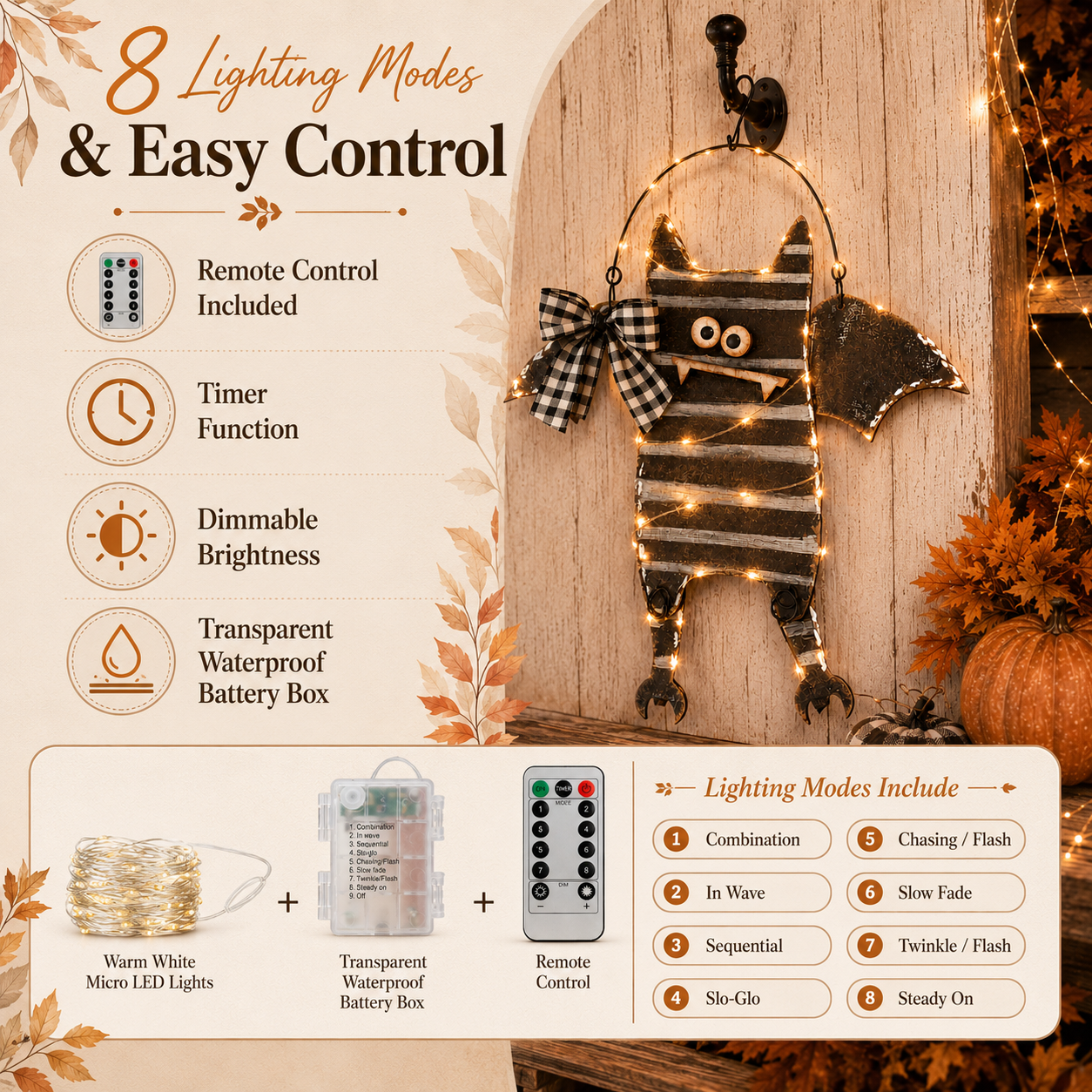 Lighted Rustic Bat Hanging Decor with Remote Control