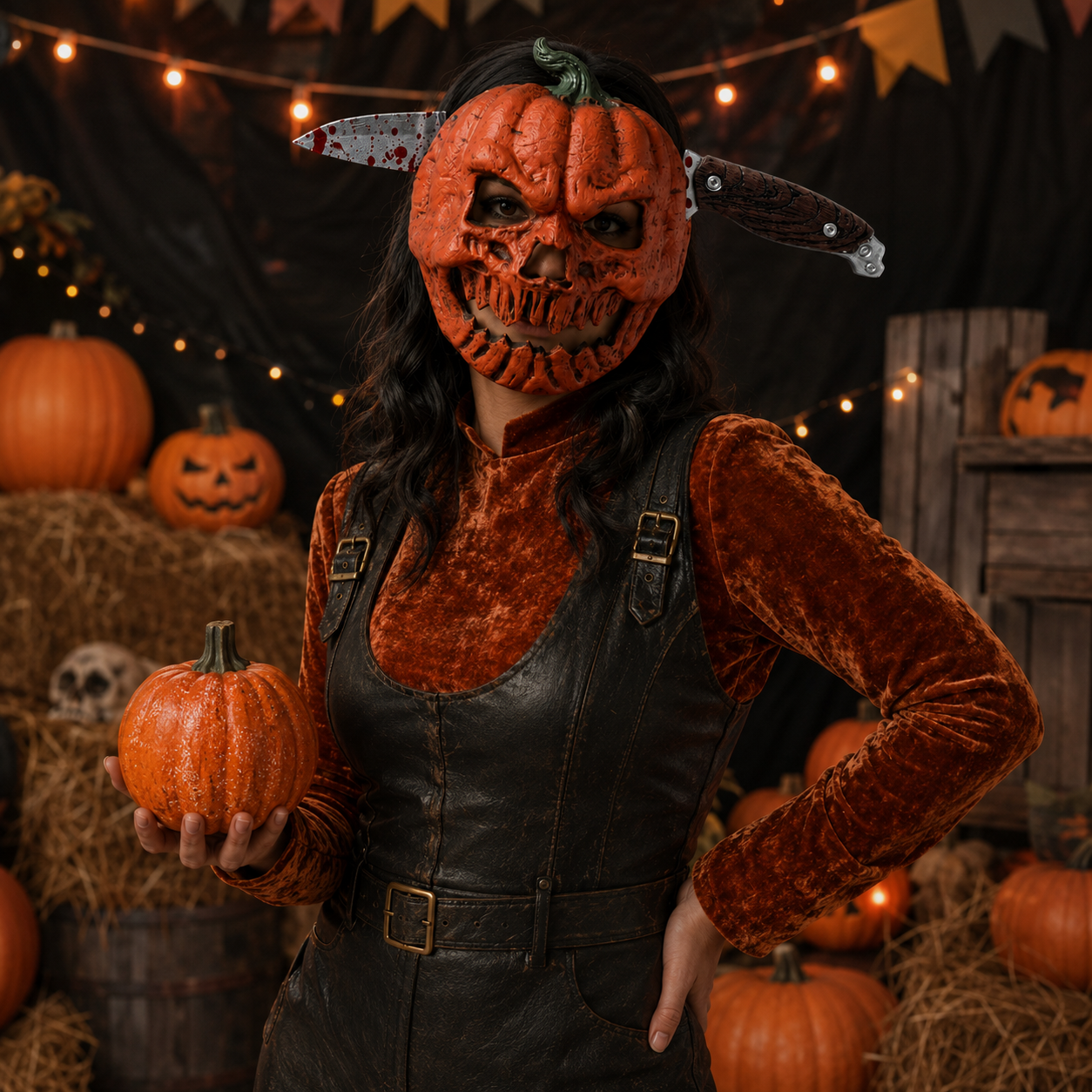 Creepy Pumpkin Mask & Faux Knife Headband – 2-Piece Halloween Costume Set