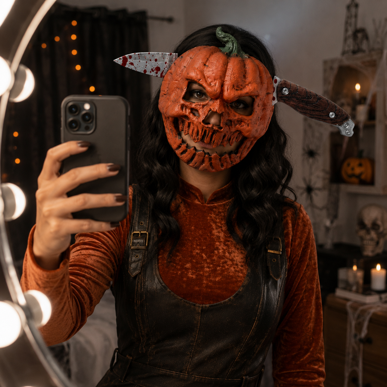 Creepy Pumpkin Mask & Faux Knife Headband – 2-Piece Halloween Costume Set