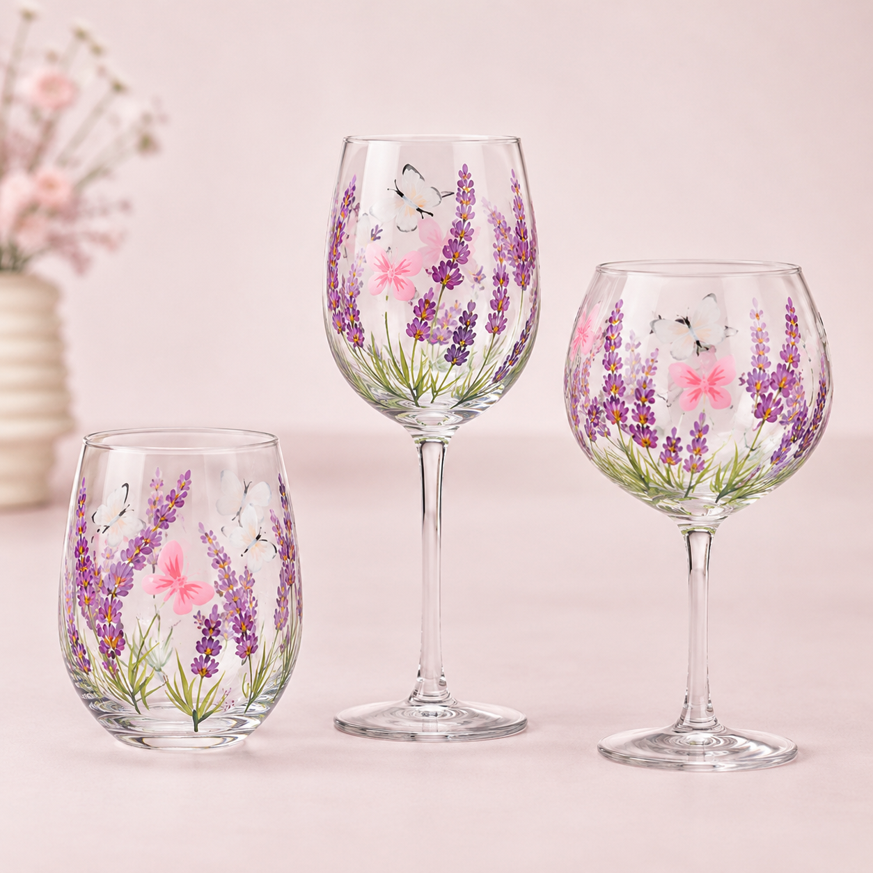 Fresh Floral Butterfly Glassware Gift Set, Hand-Painted Cottage Style