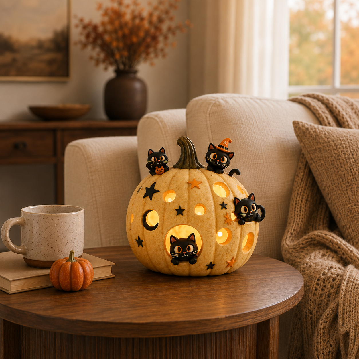 Lighted Black Cat Pumpkin Halloween Decor