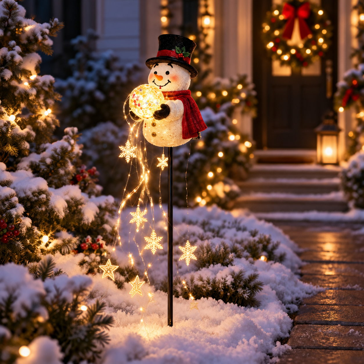 Christmas Magic Fountain Snowman & Santa Garden Stake Light
