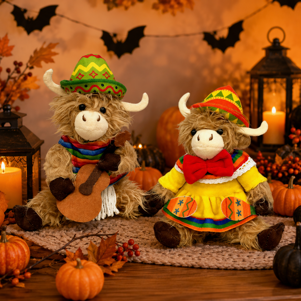 Fiesta Highland Cow Plush Duo – 2-Piece Western Music Farmhouse Decor