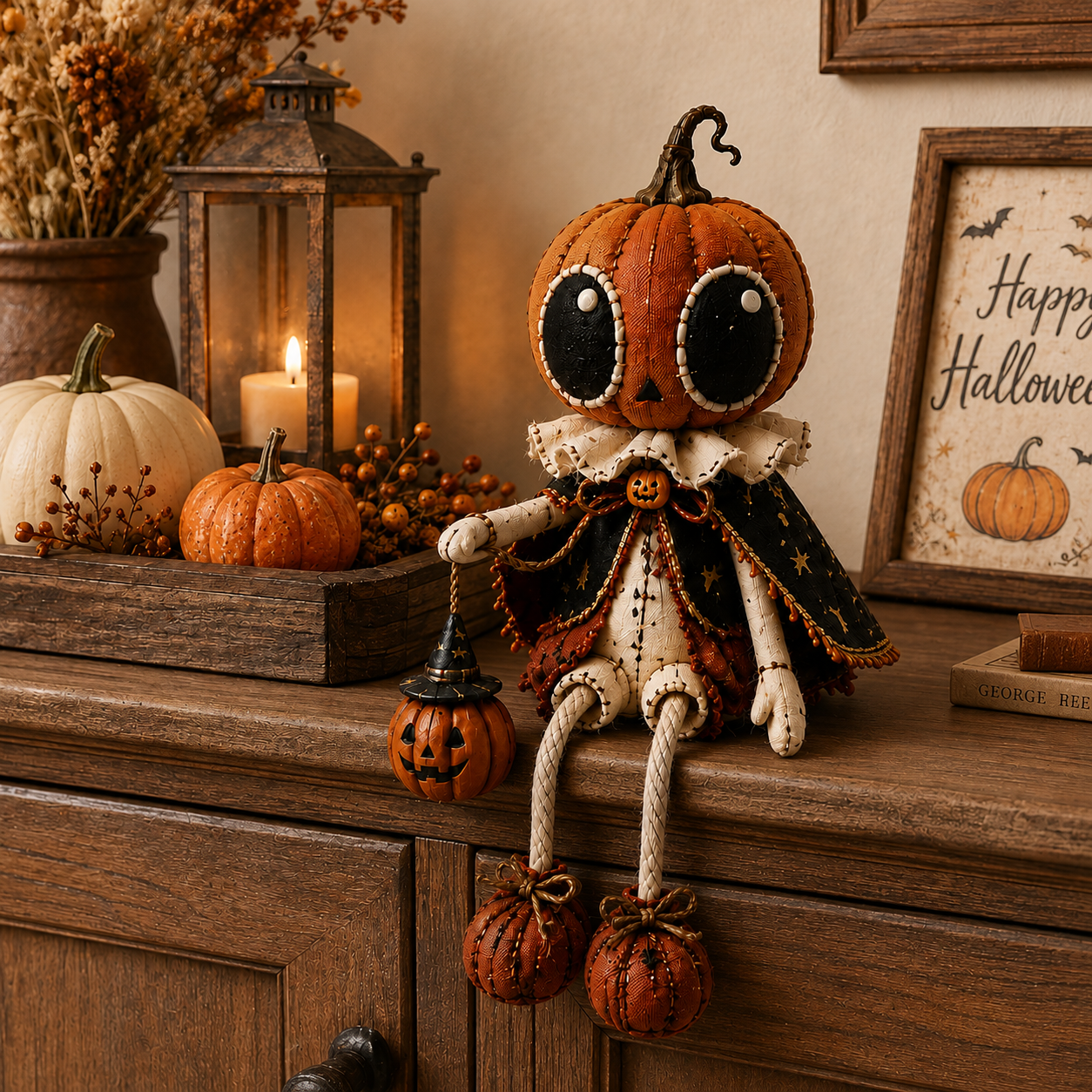 🎃 Vintage Pumpkin Head Dangling Leg Halloween Doll