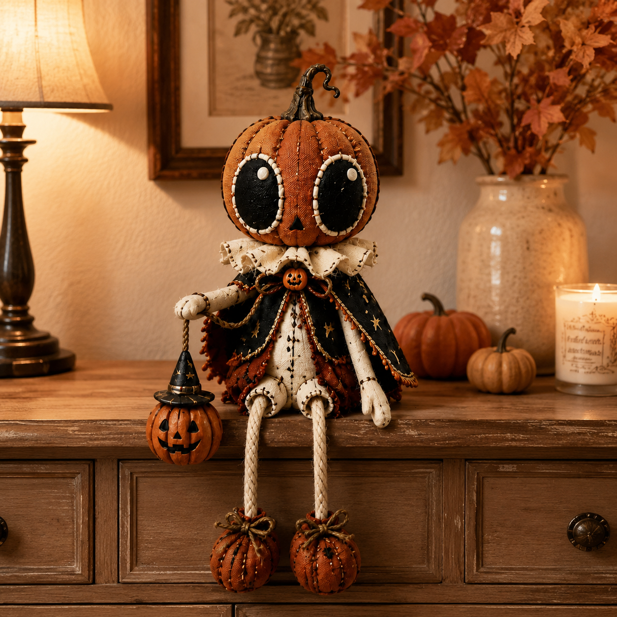 🎃 Vintage Pumpkin Head Dangling Leg Halloween Doll