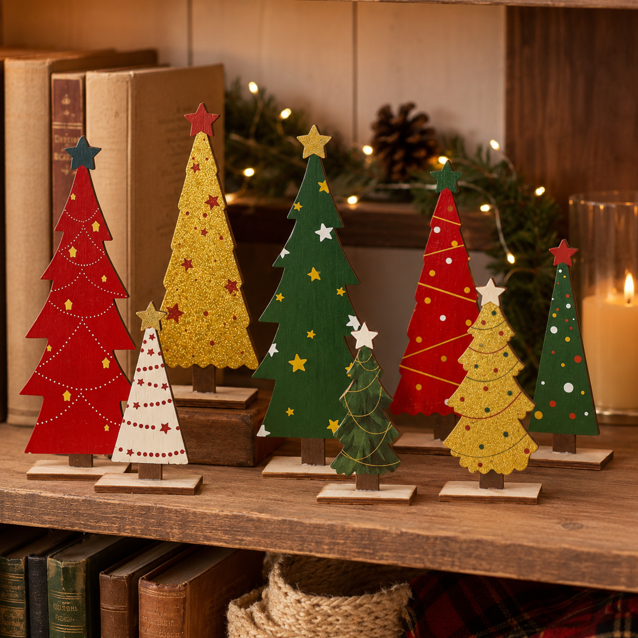 8-Piece Rustic Wooden Christmas Tree Decor Set