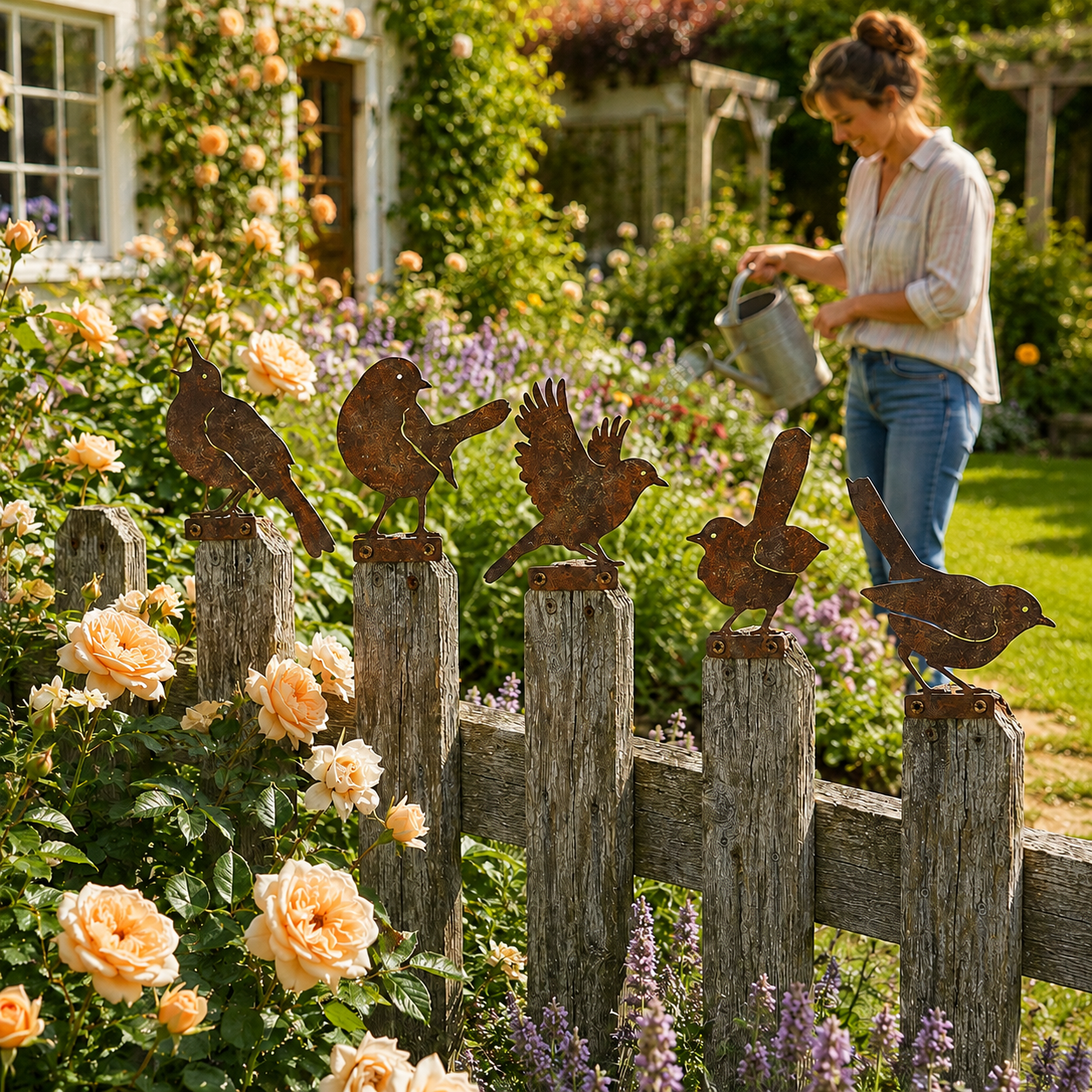 5-Piece Rustic Metal Bird Fence Toppers 