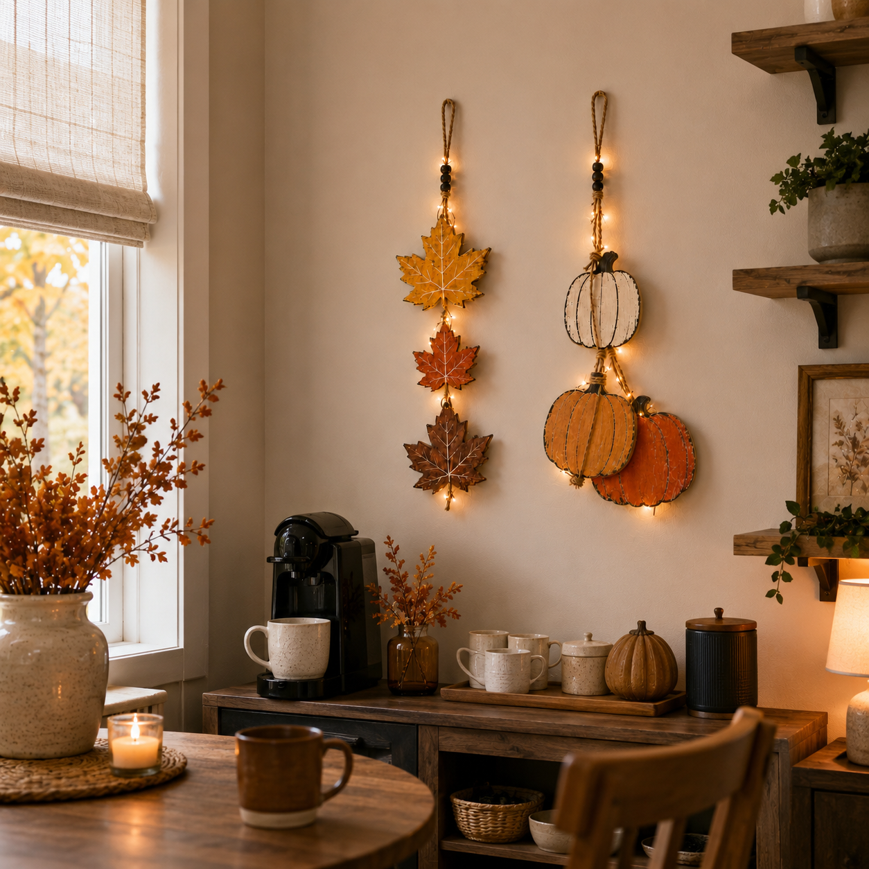 23.6 in Lighted Fall Wooden Hanging Decor Set – Maple Leaves & Pumpkins