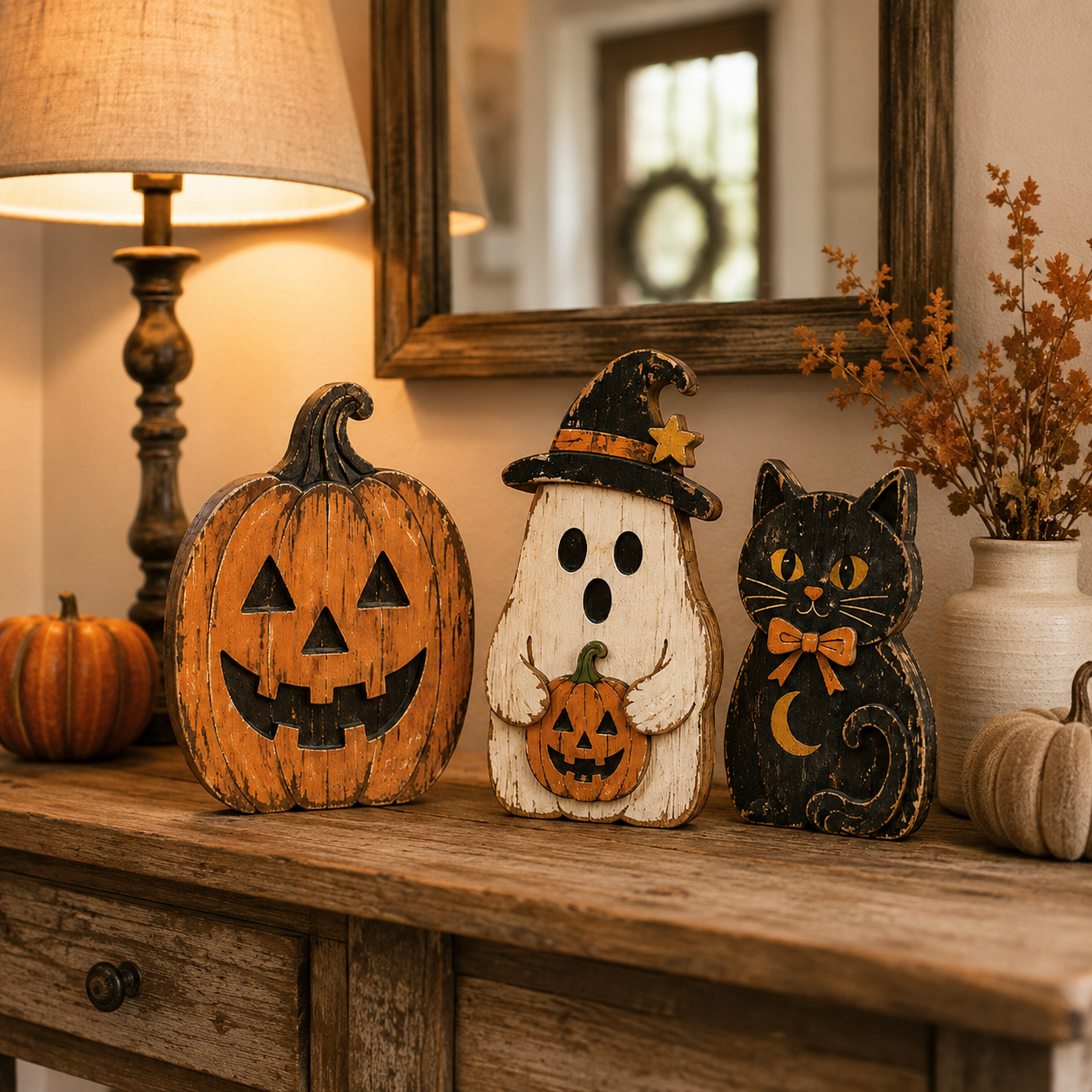 Vintage Halloween Wooden Trio – Pumpkin, Ghost & Black Cat