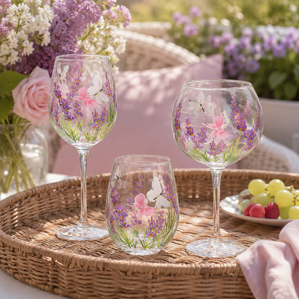 Fresh Floral Butterfly Glassware Gift Set, Hand-Painted Cottage Style