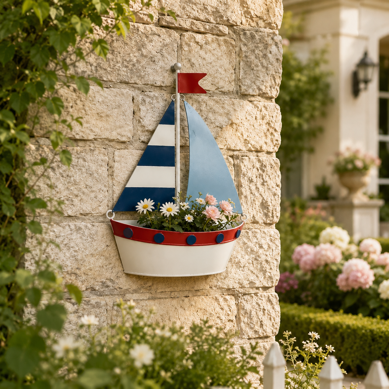 Coastal Sailboat Metal Wall Planter – Nautical Hanging Flower Basket⛵