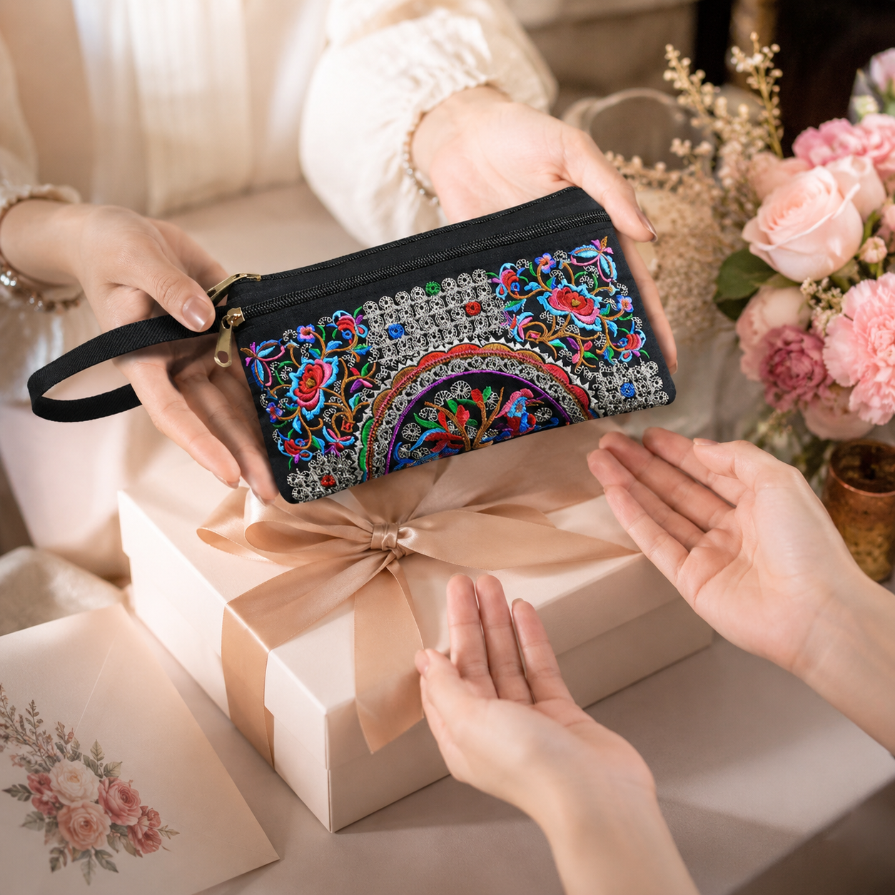 Embroidered Ethnic Style Wristlet Handbag, Double Zipper Floral Phone Purse