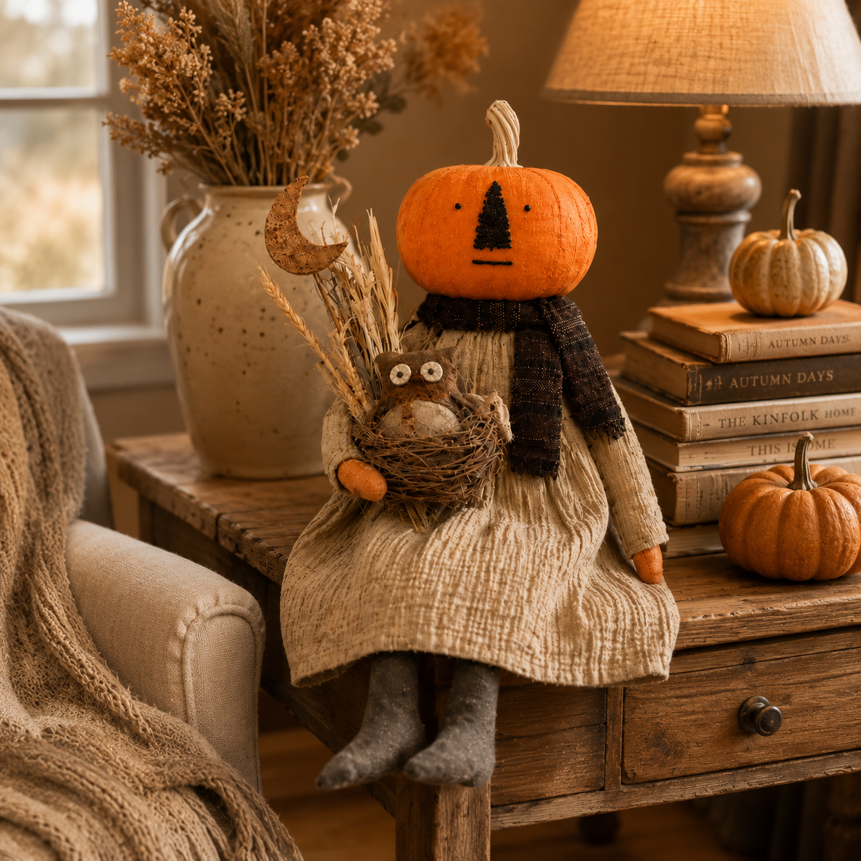 Pumpkin Head Harvest Doll with Gift Box - 11 Inch Fall Tabletop Decor
