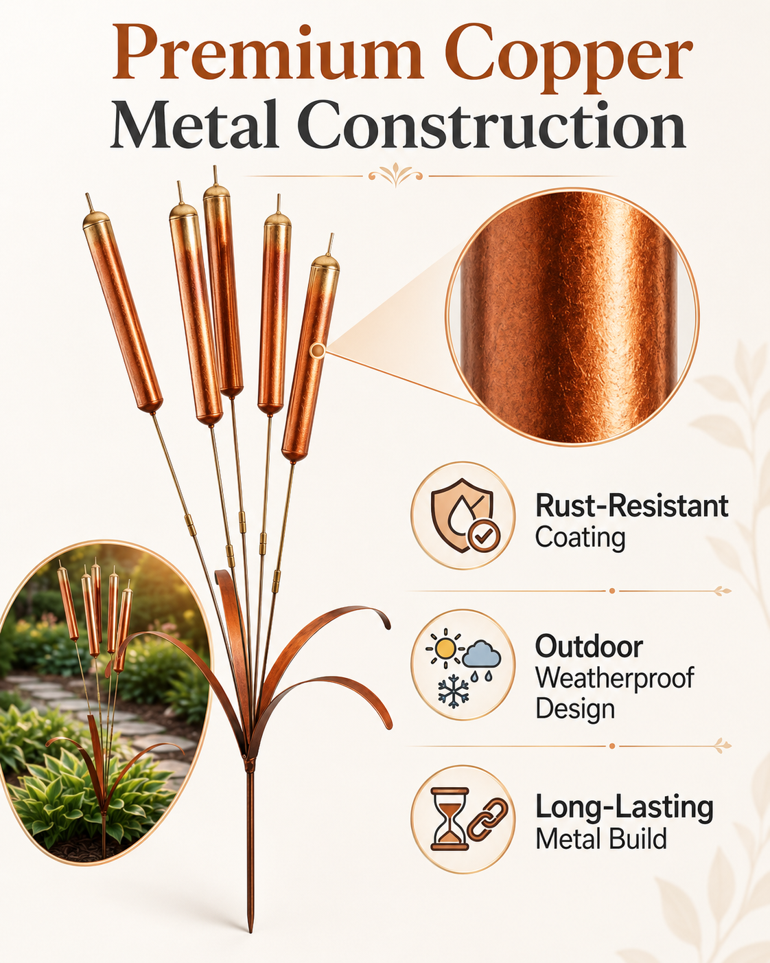 Copper Cattail Wind Chimes Metal Garden Stake Decor, 20 Inch Realistic Outdoor Yard Art
