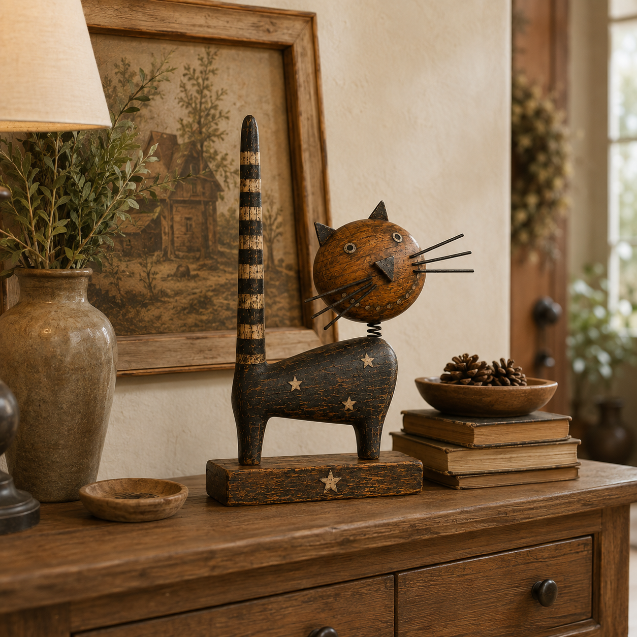 Vintage Primitive Wooden Cat with Metal Accents
