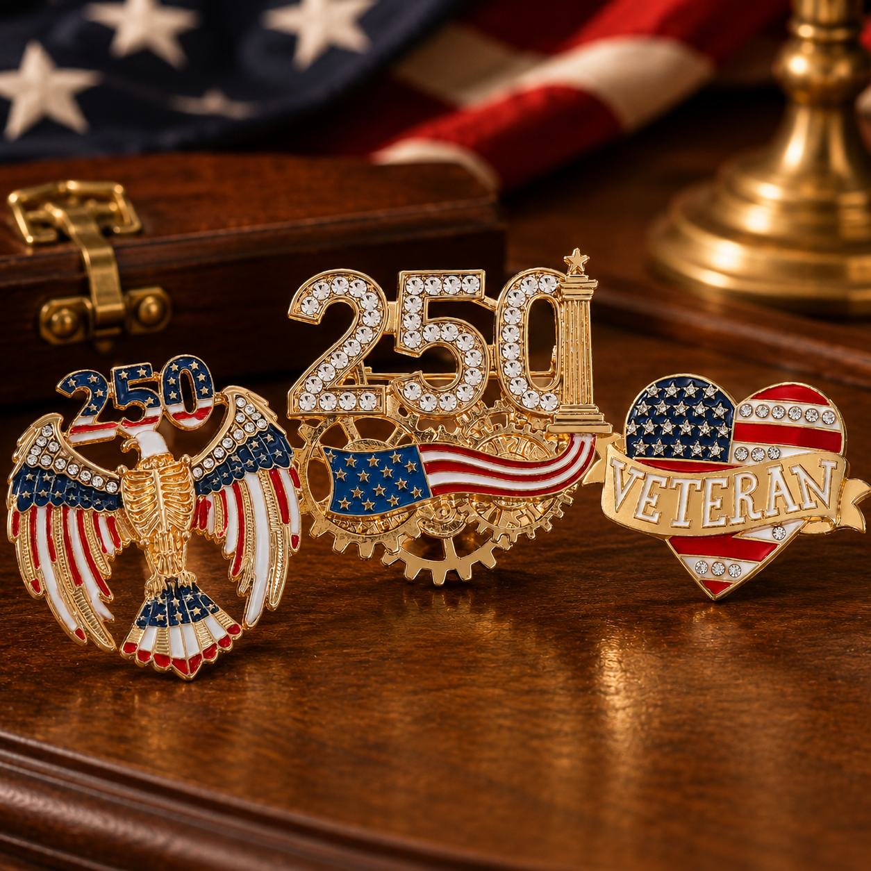 Patriotic 250th Anniversary Commemorative Pins – American Flag & Symbolic Designs
