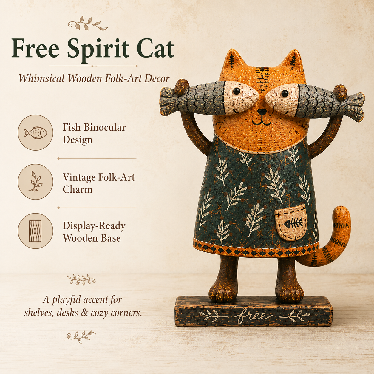 Free Spirit Cat with Fish Wooden Figurine