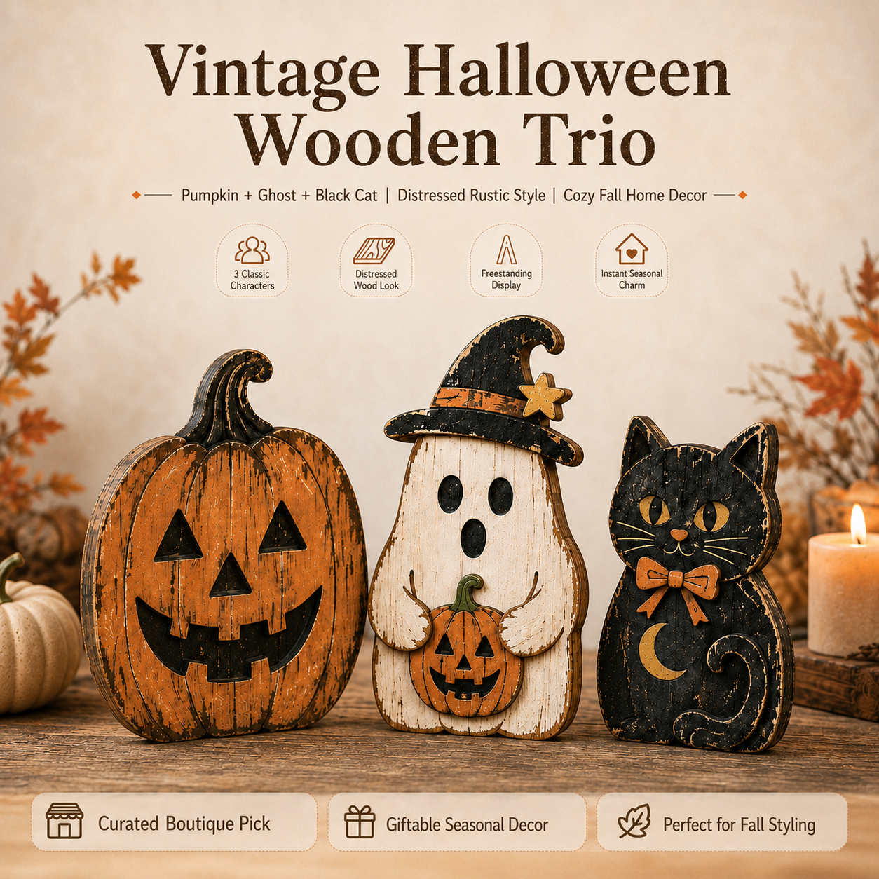 Vintage Halloween Wooden Trio – Pumpkin, Ghost & Black Cat