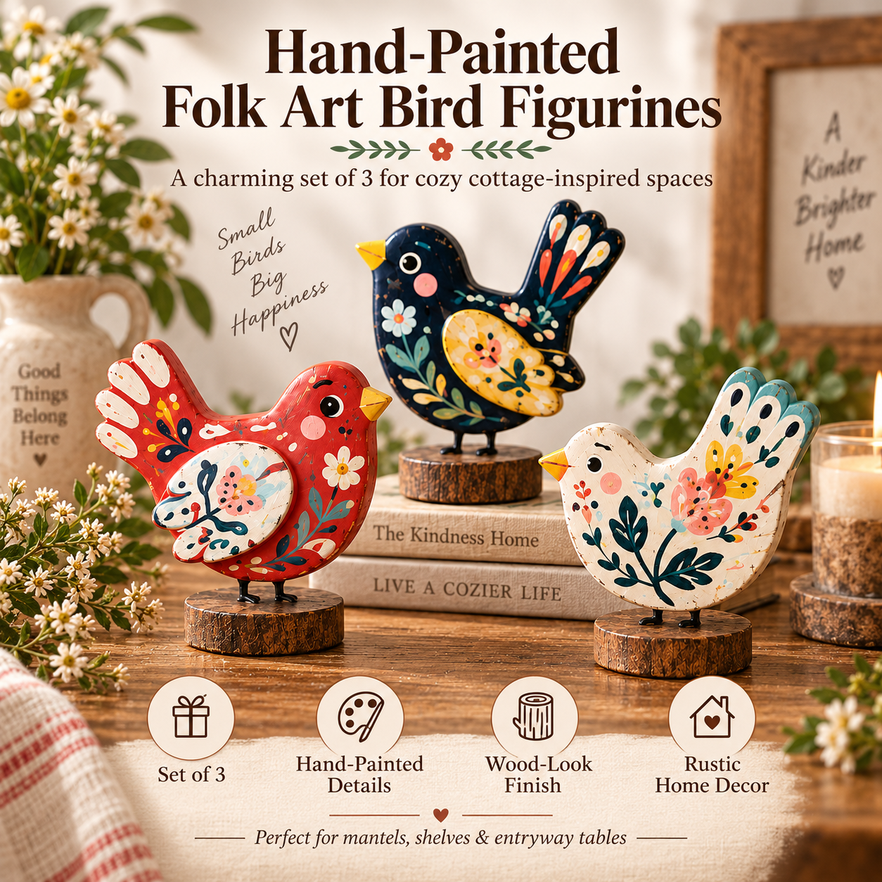 Hand-Painted Folk Art Bird Figurines – Set of 3
