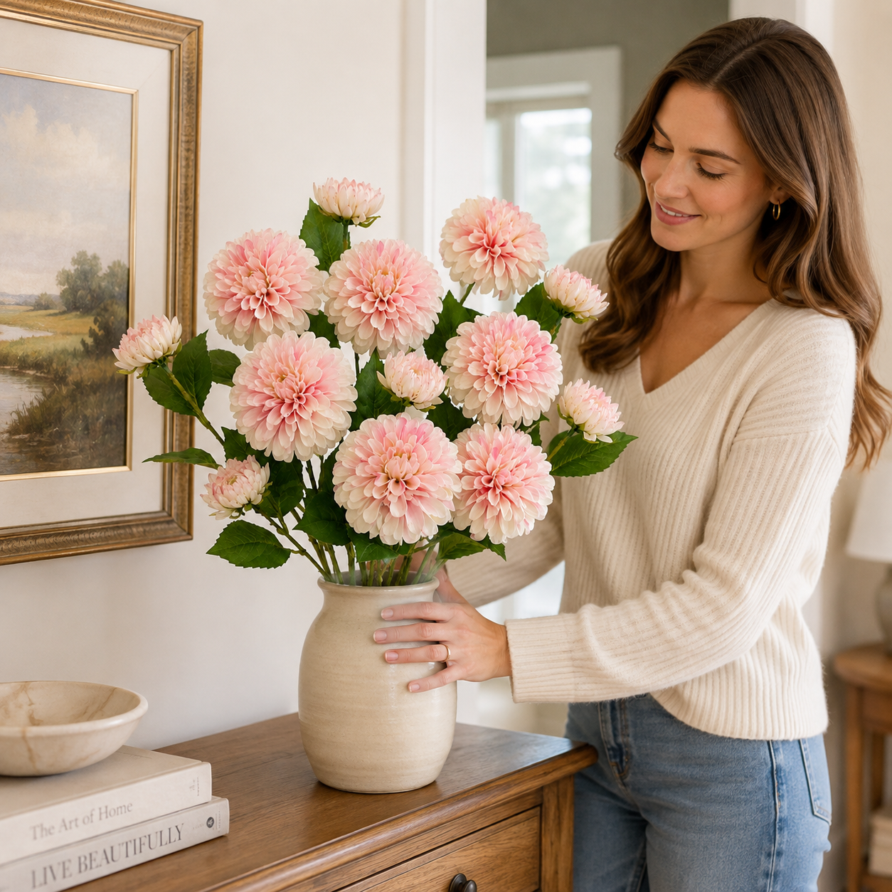 29.9 in Lifelike Dahlia Artificial Flower Bouquet – 5 Stems, 15 Blooms