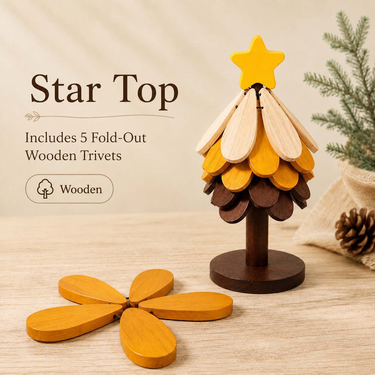 2-in-1 Wooden Trivet Tree Set – 5 Fold-Out Heat Pads 🌳