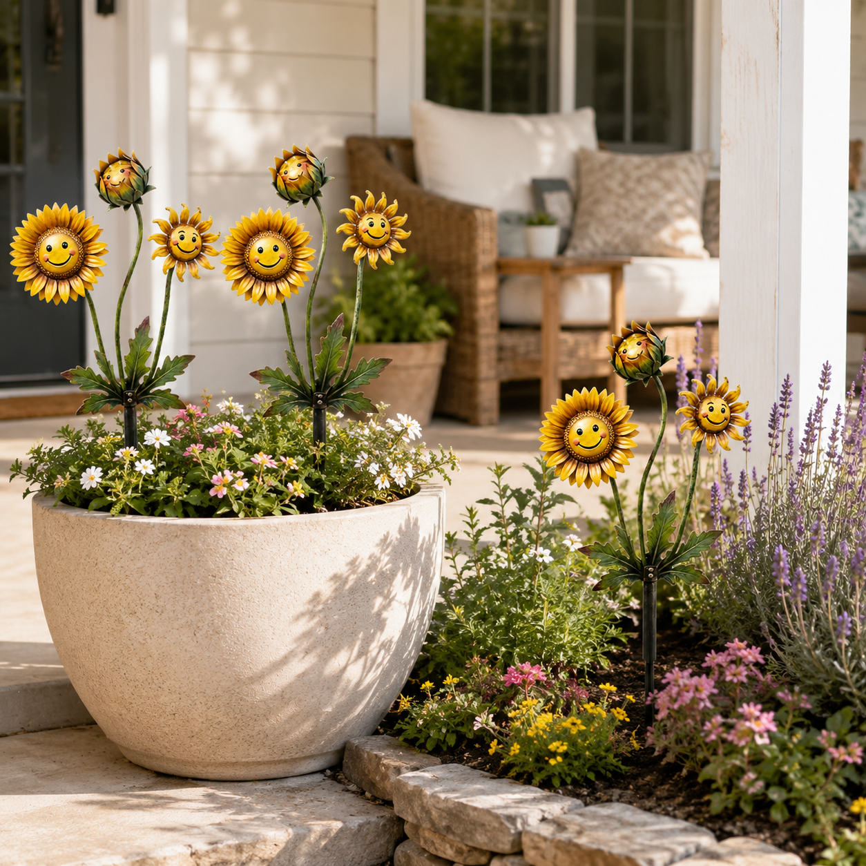 2D Smiling Sunflower Garden Stake Decor, Metal Flower Yard Art with Cute Face