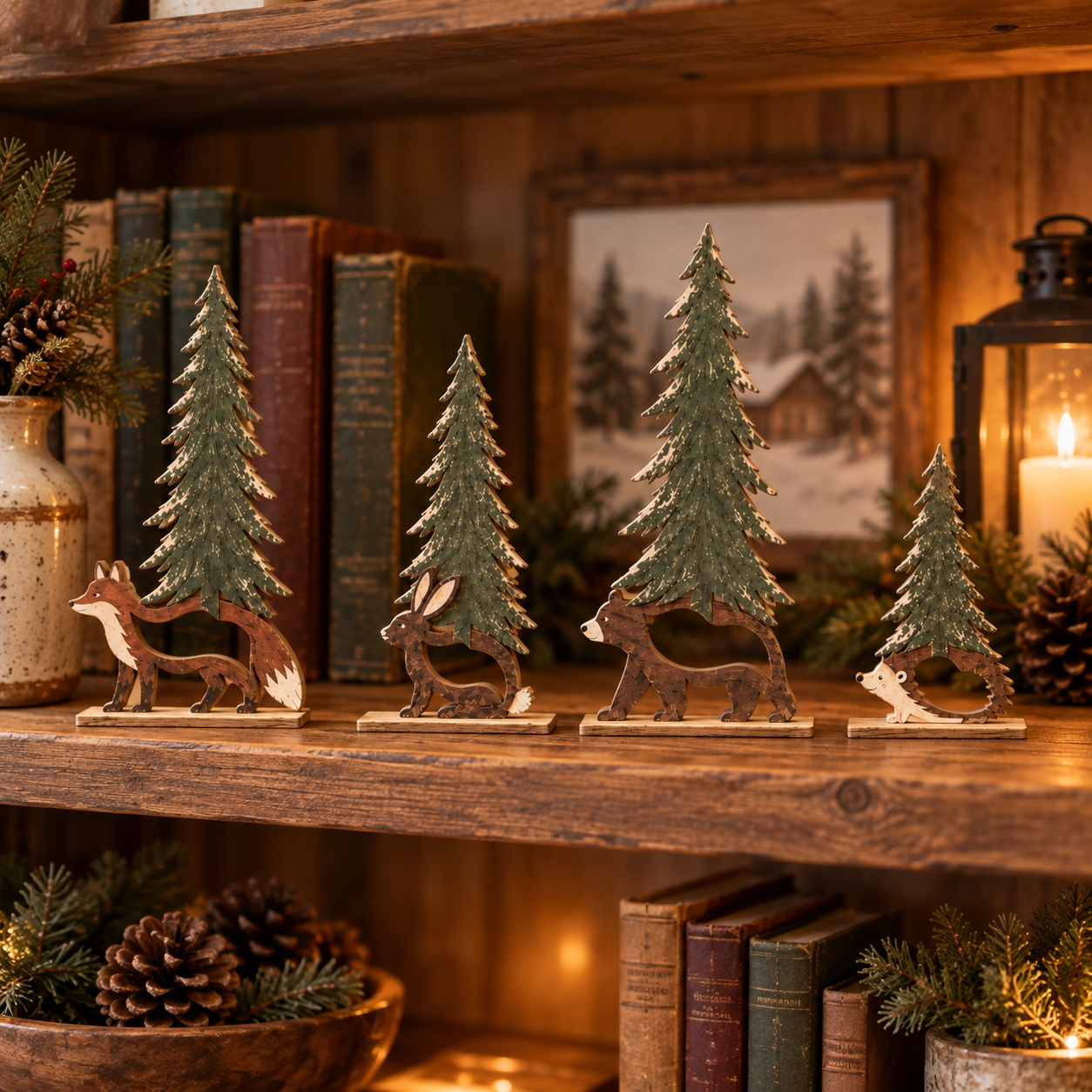Woodland Christmas Forest Friends Set - 4 Piece Rustic Wooden Animal Tree Decor