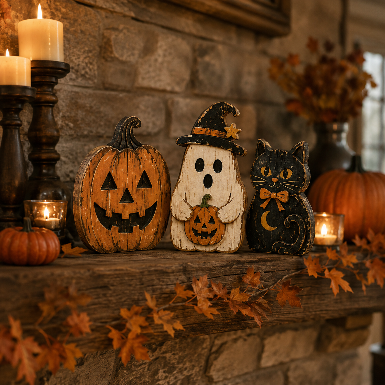 Vintage Halloween Wooden Trio – Pumpkin, Ghost & Black Cat