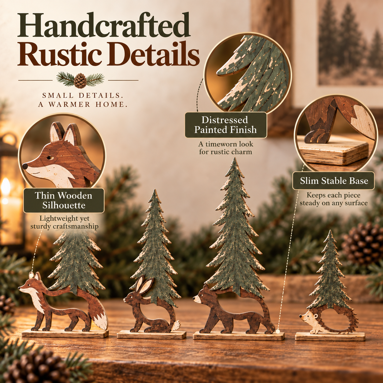 Woodland Christmas Forest Friends Set - 4 Piece Rustic Wooden Animal Tree Decor
