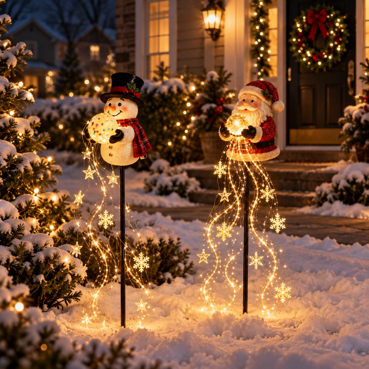 Christmas Magic Fountain Snowman & Santa Garden Stake Light