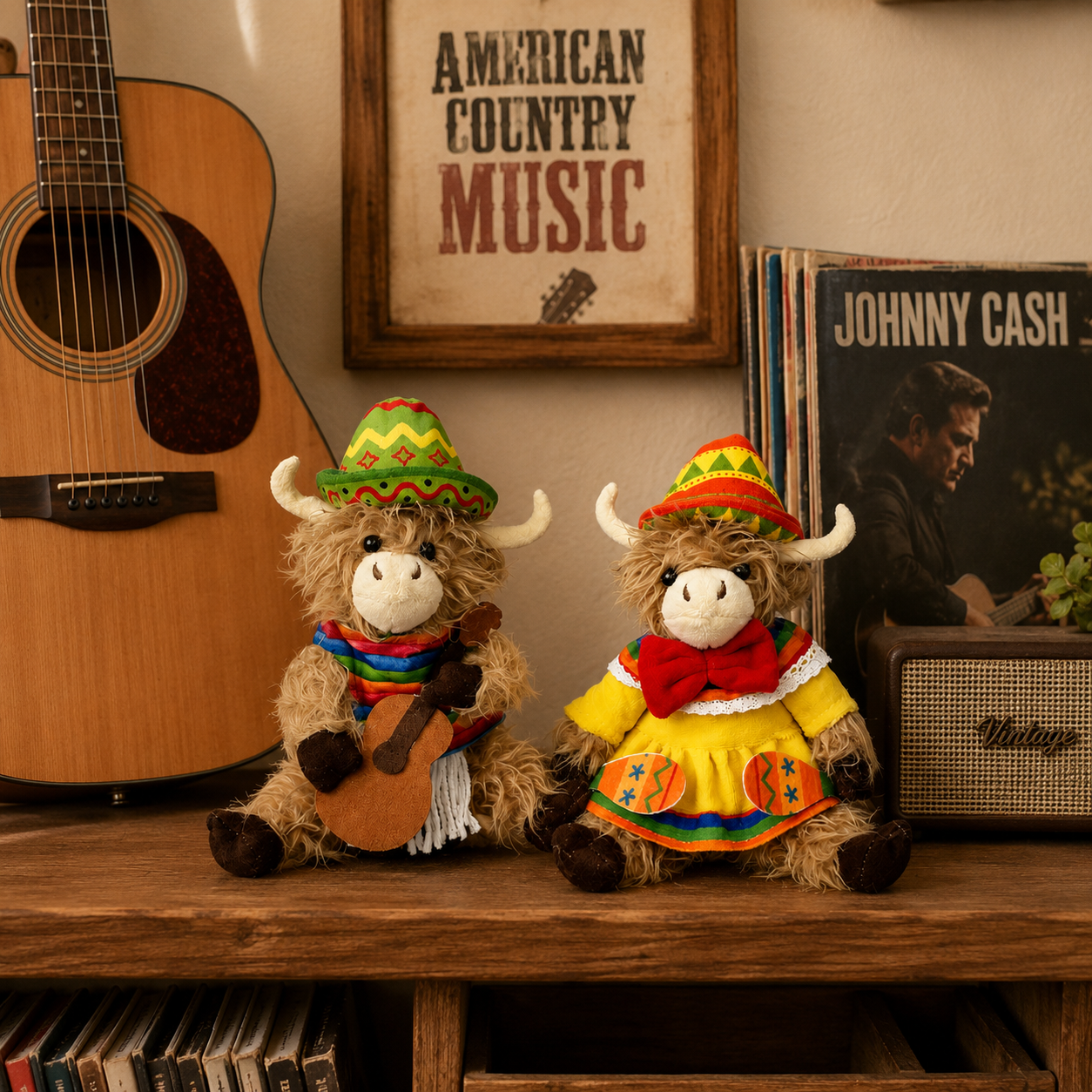 Fiesta Highland Cow Plush Duo – 2-Piece Western Music Farmhouse Decor