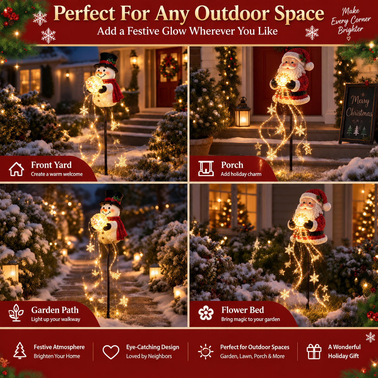 Christmas Magic Fountain Snowman & Santa Garden Stake Light