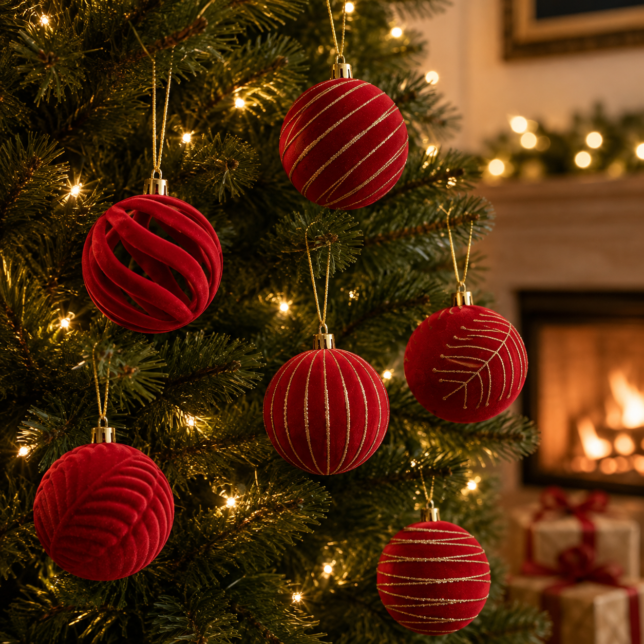 Luxe Velvet Christmas Ornaments – 6-Piece Holiday Bauble Set
