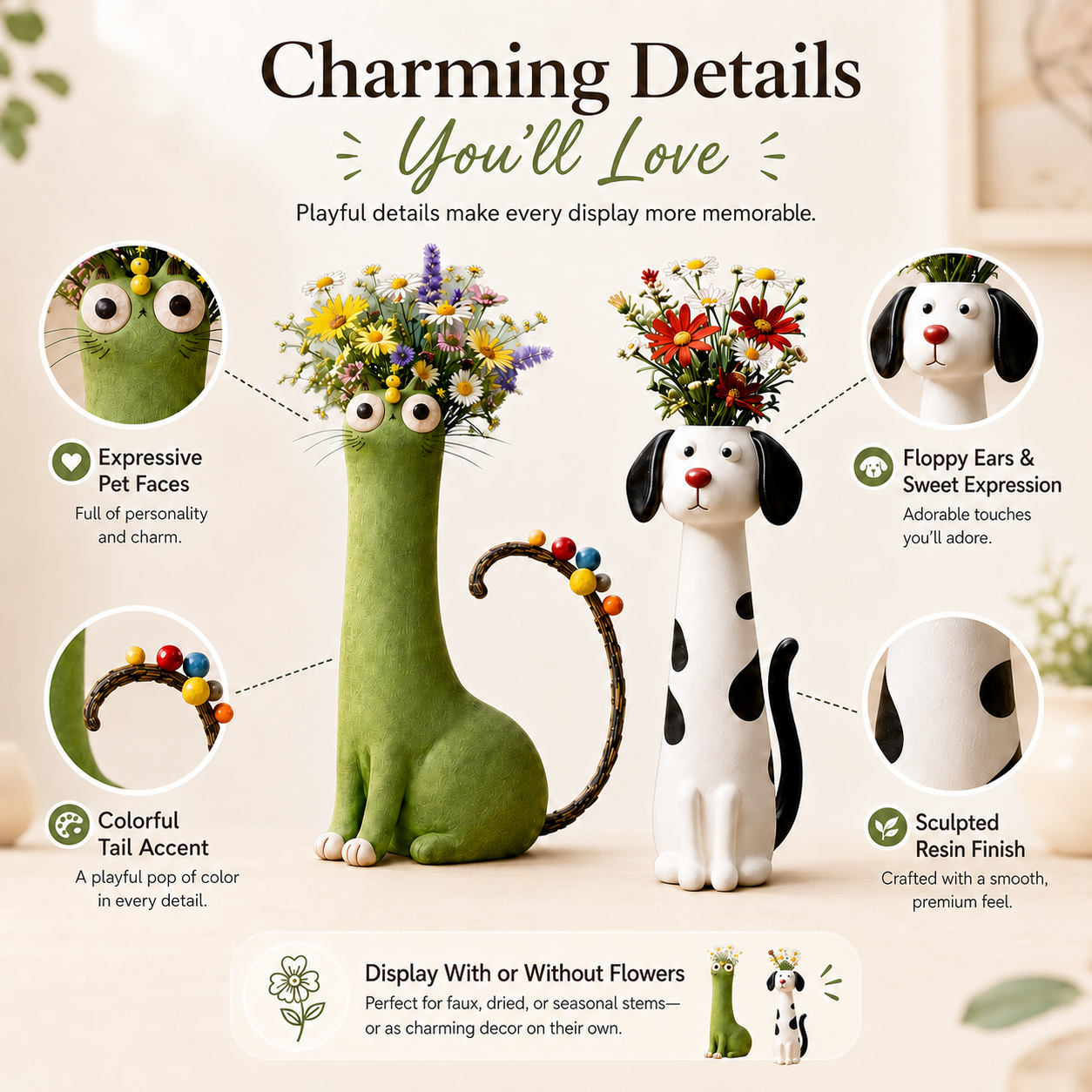 Whimsical Cat & Dog Decorative Vase Set – Set of 2