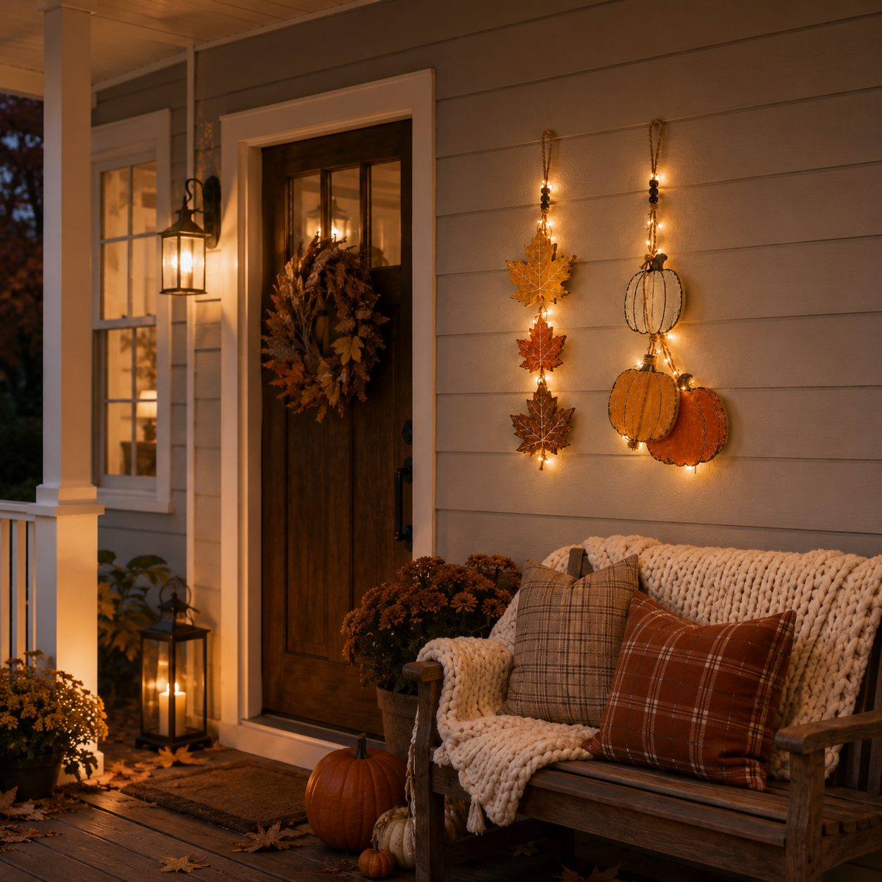 23.6 in Lighted Fall Wooden Hanging Decor Set – Maple Leaves & Pumpkins