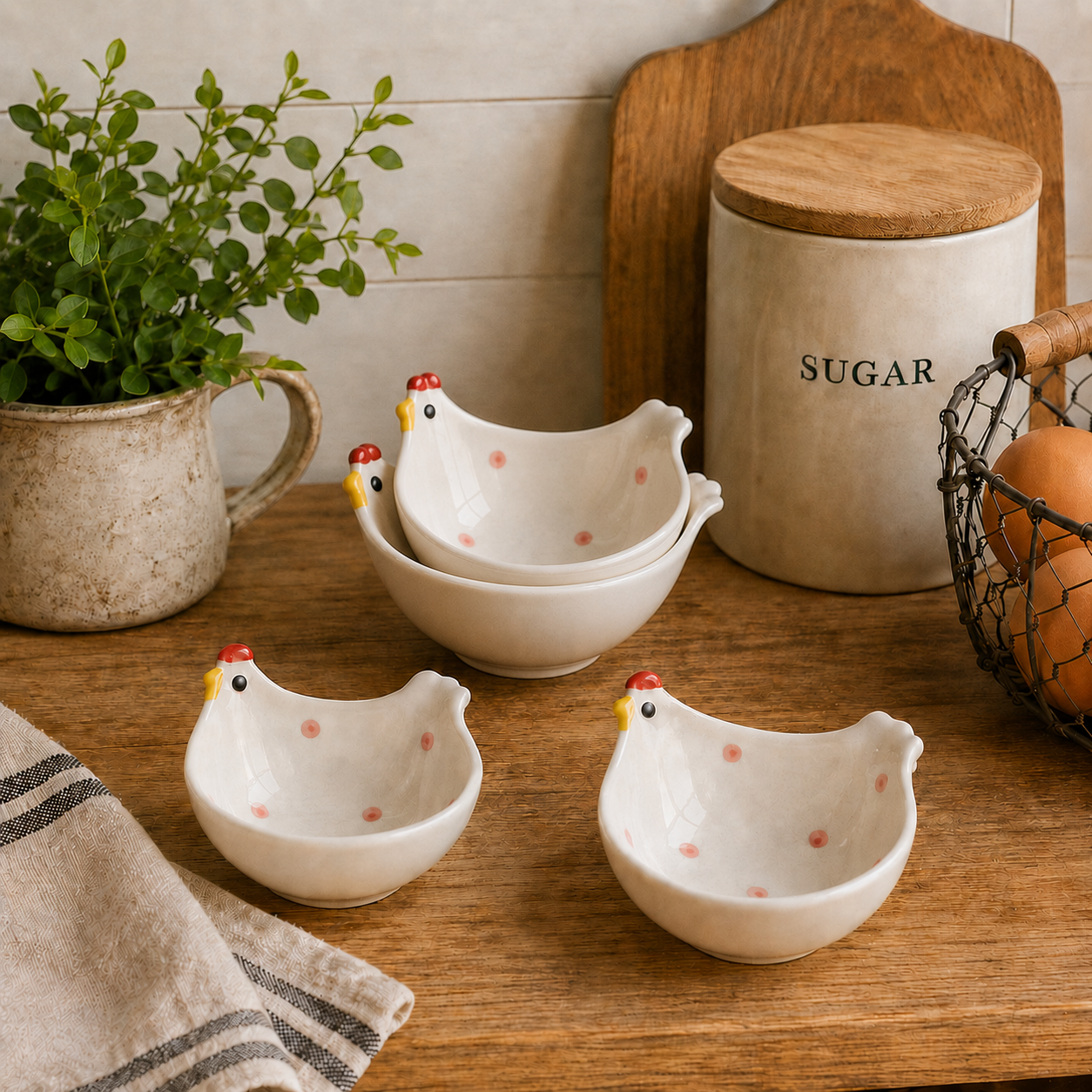 Whimsical Hen Ceramic Dipping Bowls – Set of 4
