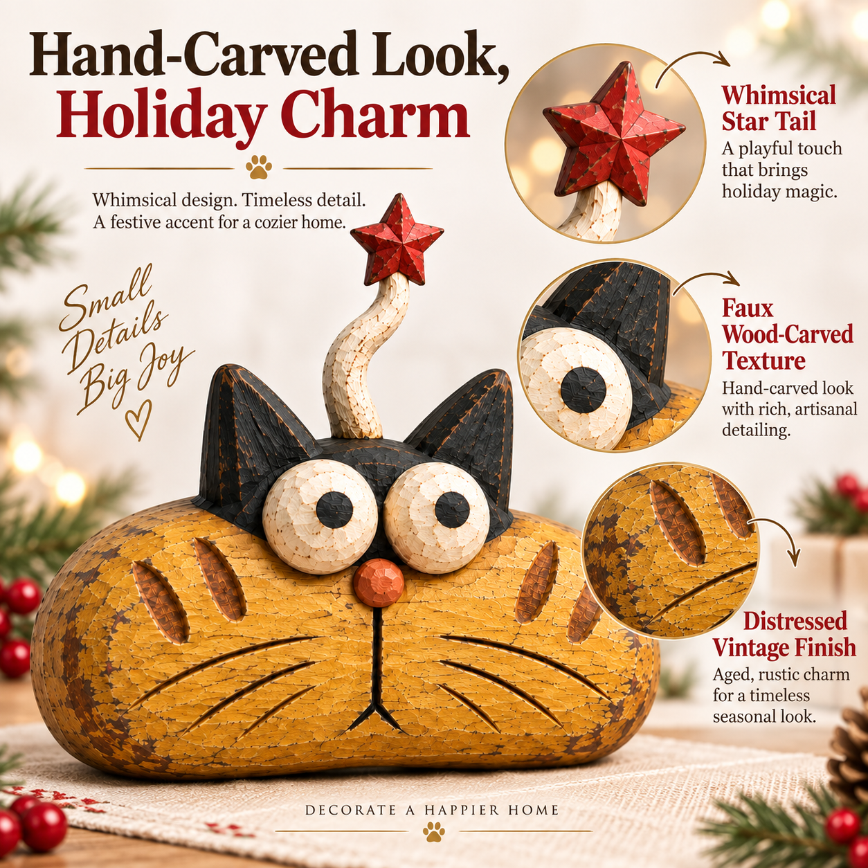 Rustic Christmas Star Cat Figurine