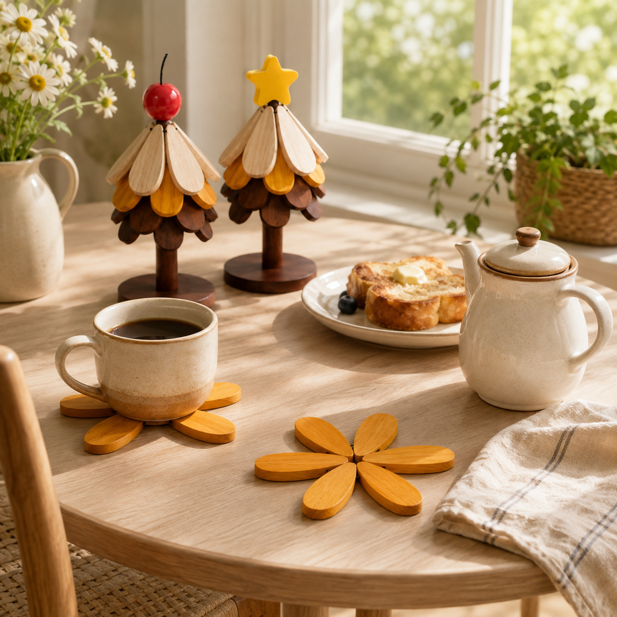 2-in-1 Wooden Trivet Tree Set – 5 Fold-Out Heat Pads 🌳