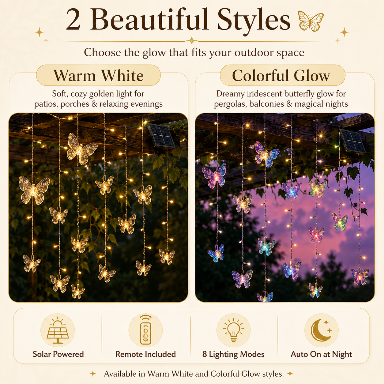 118.1 in Solar Butterfly Waterfall Curtain Lights 🦋✨ Warm White Outdoor Fairy Lights with Remote Control & 8 Lighting Modes