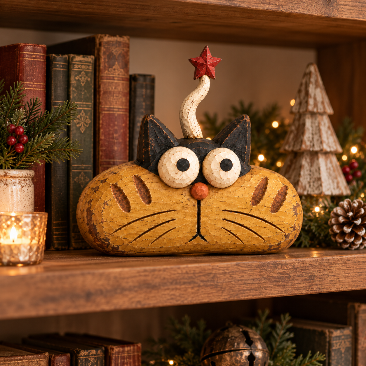 Rustic Christmas Star Cat Figurine