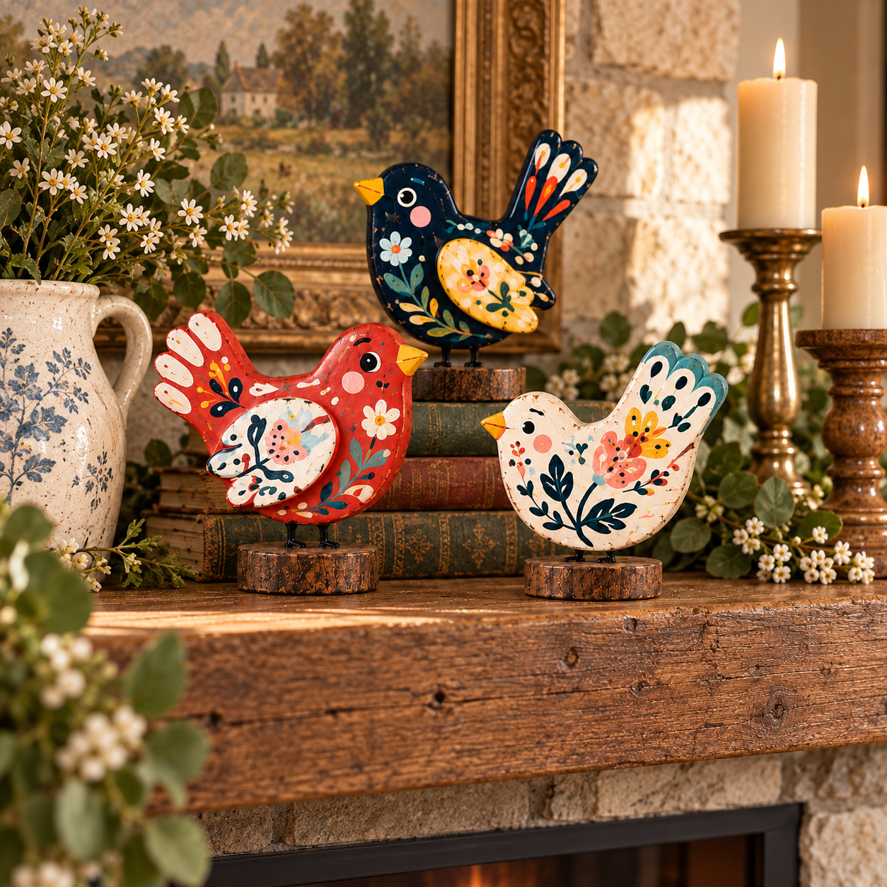 Hand-Painted Folk Art Bird Figurines – Set of 3