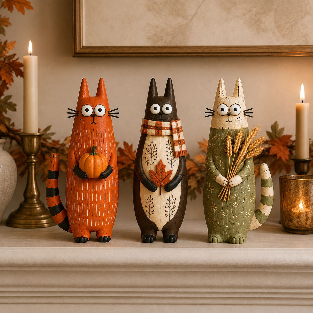 Whimsical Harvest Cat Figurine Set – Set of 3