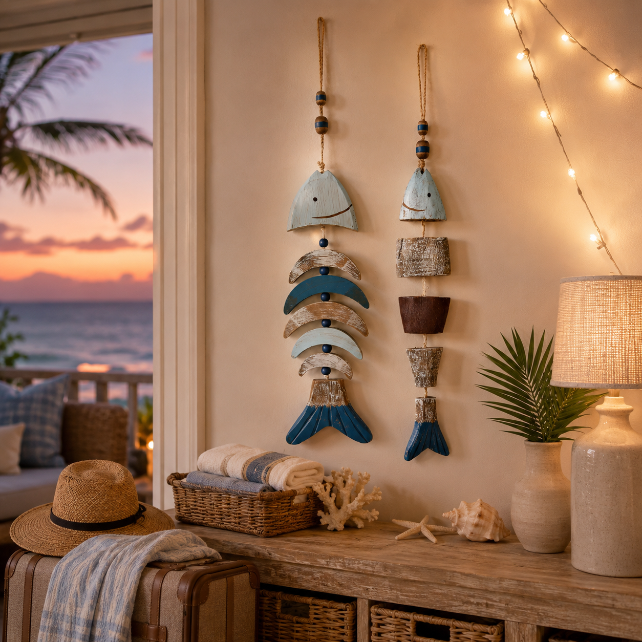 🌊 Lighted Coastal Wooden Fish Hanging Decor Set of 2