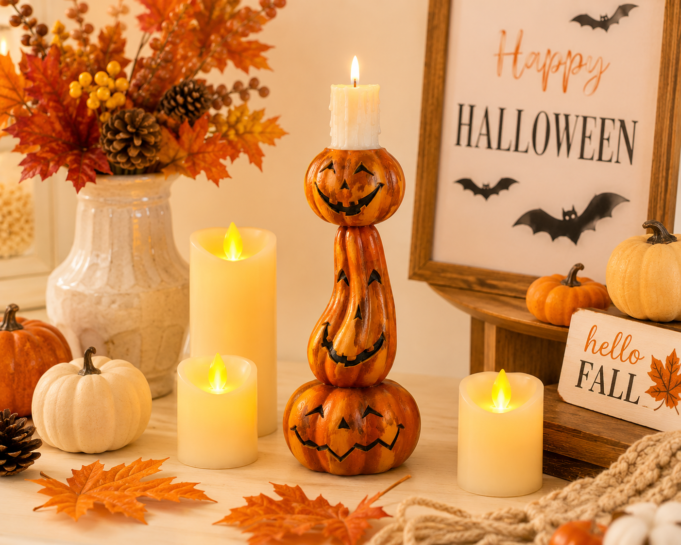 Stacked Jack-O’-Lantern Pumpkin Candle Holder - 6.9 Inch Halloween Resin Candlestick Decor