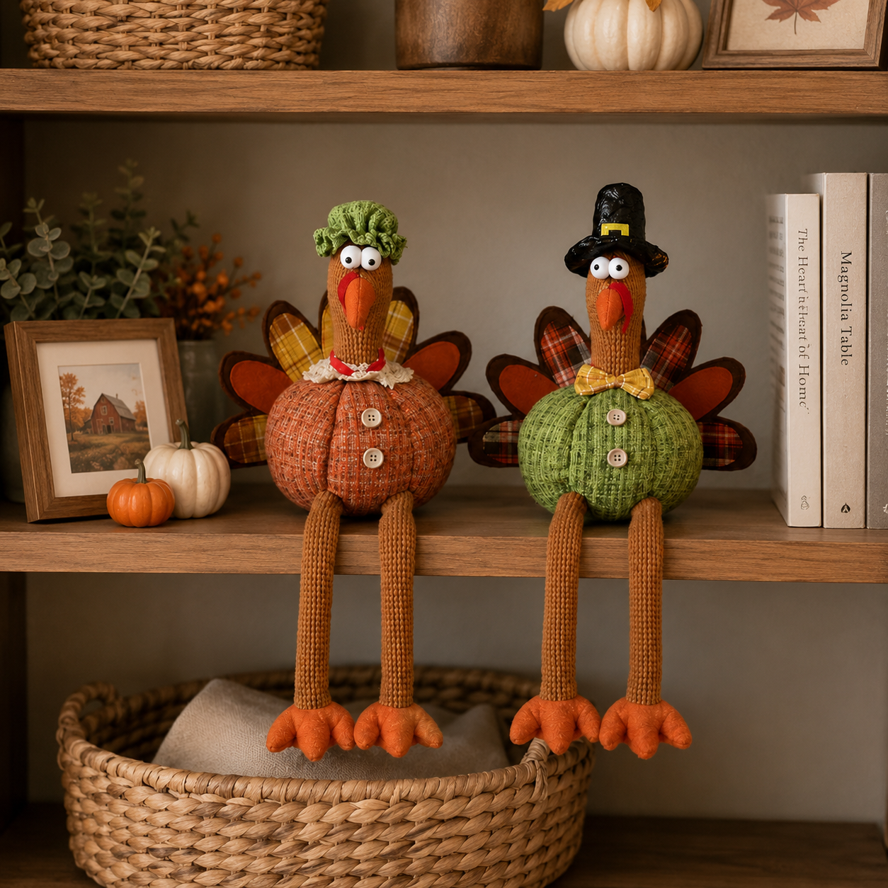 Whimsical Harvest Turkey Couple Shelf Sitters – Set of 2