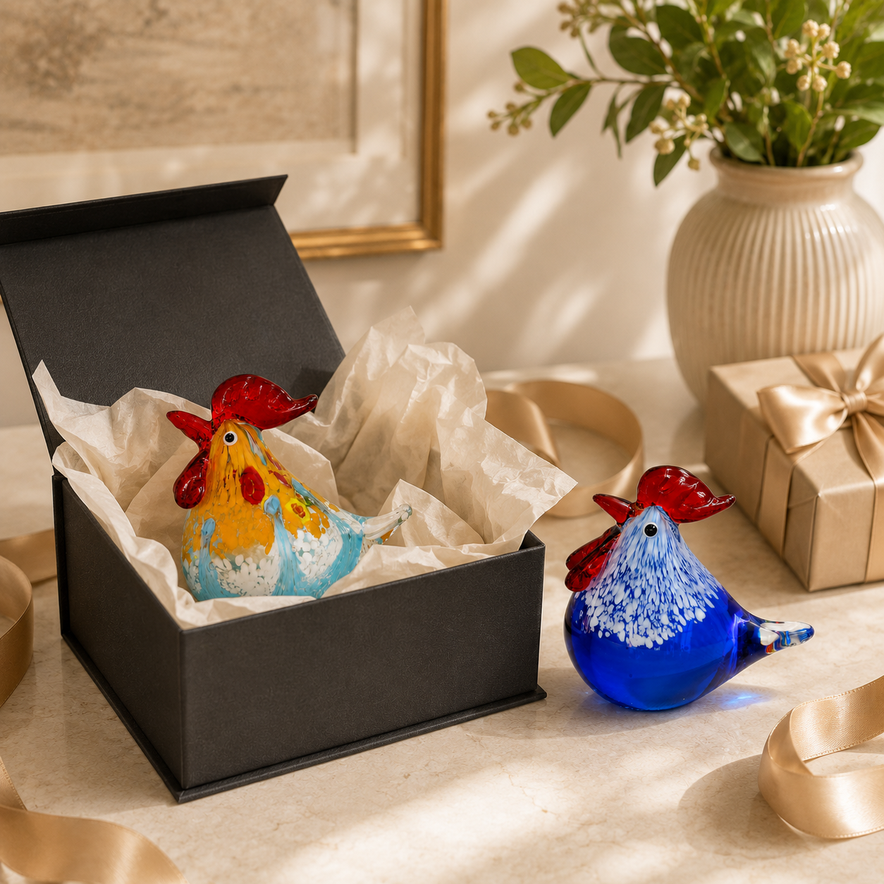 Colorful Art Glass Rooster Figurine with Luxury Gift Box 🐓✨