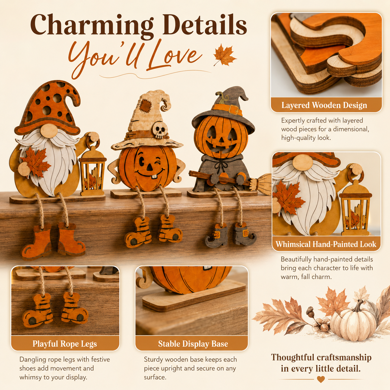 3-Piece Wooden Fall & Halloween Dangling-Leg Shelf Sitter Set