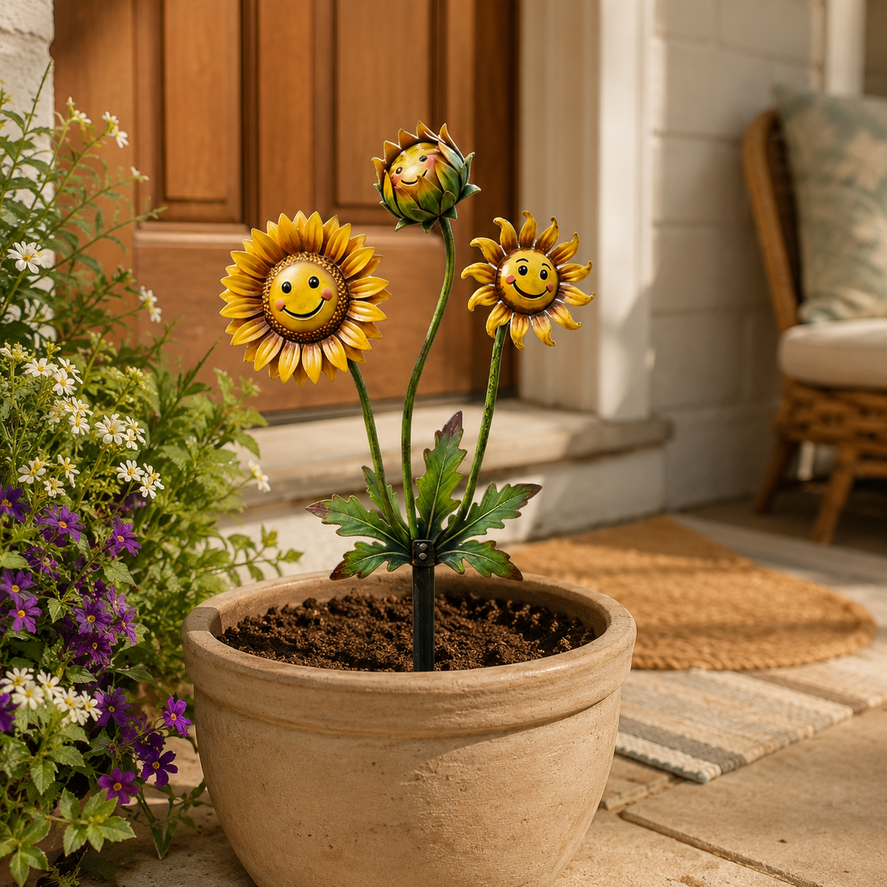 2D Smiling Sunflower Garden Stake Decor, Metal Flower Yard Art with Cute Face