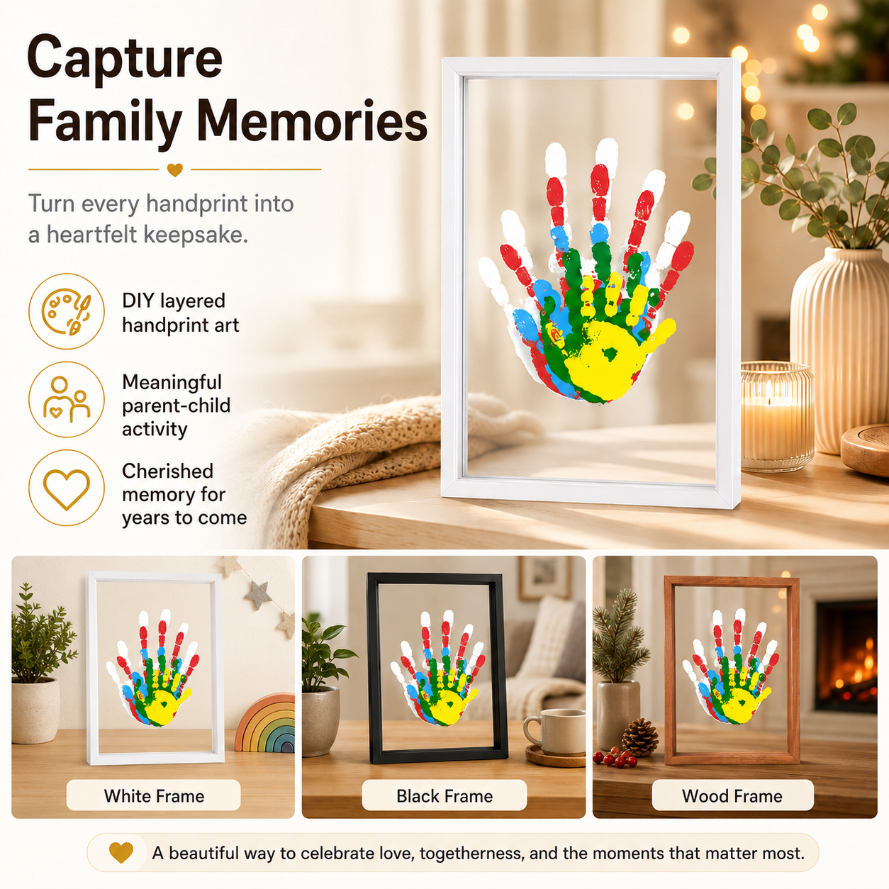 Family Handprint Set, Including 4 Handprint Slots And 6 Colors, Souvenir Frame, Handprint, Family Gift,Father's Day Gift,Mother'S Day Gift,Non-Toxic Pigment