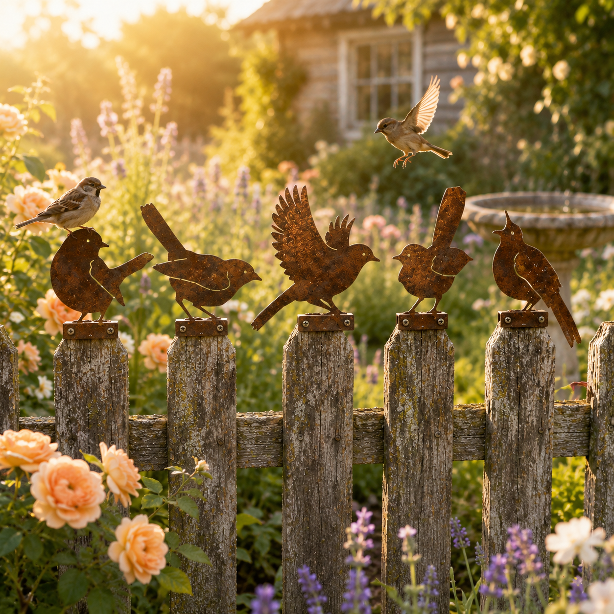 5-Piece Rustic Metal Bird Fence Toppers 